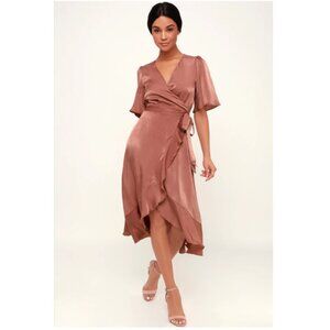 Lulus Wrapped Up In Love Mauve Satin Faux-Wrap Midi Dress XL - NEW